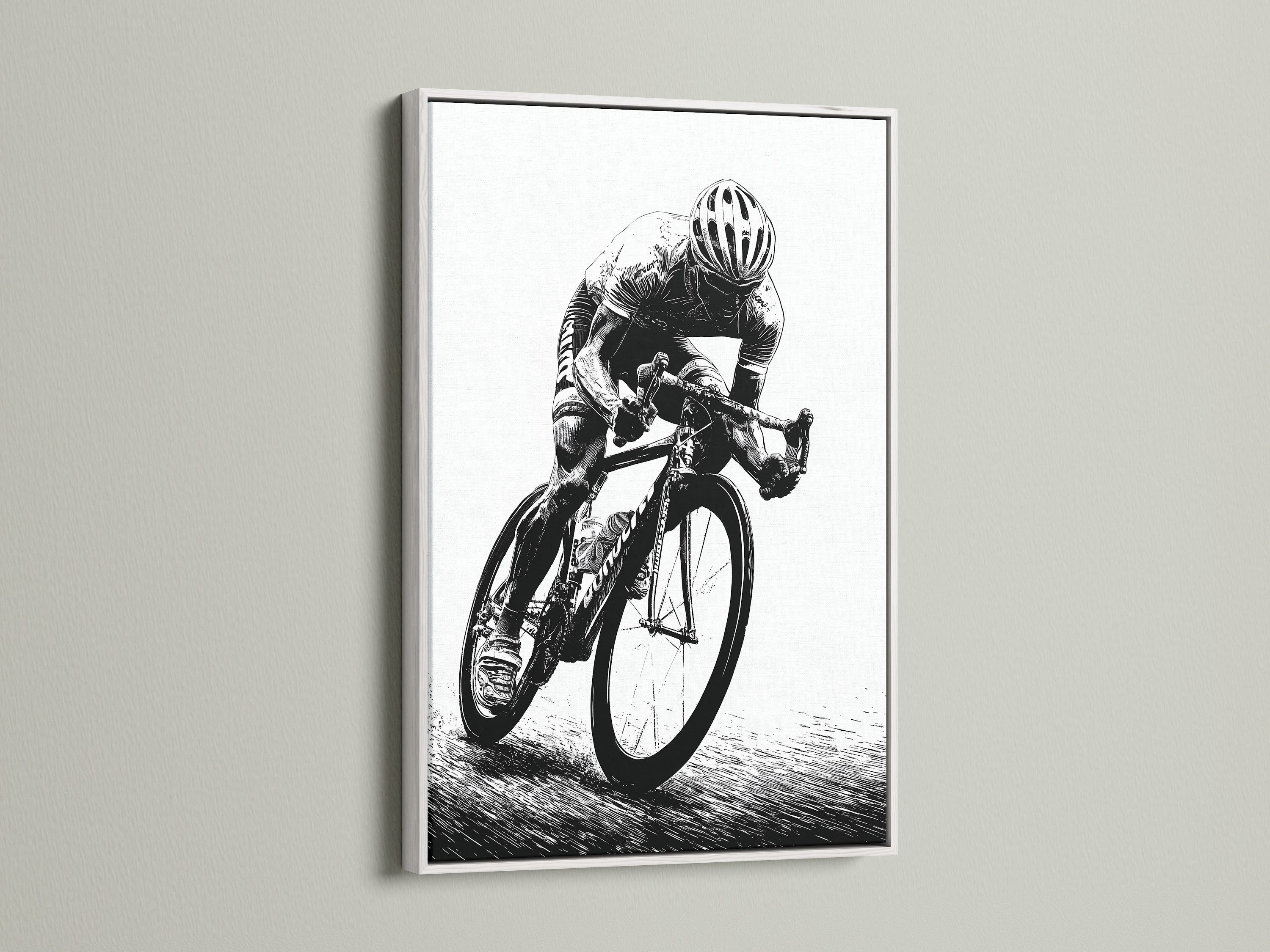 Cycling art print in a clean white frame. This sports wall decor is ideal for home gym wall art or office wall art. Enhance your space with this cyclist artwork. It is a striking bicycle canvas art piece.
