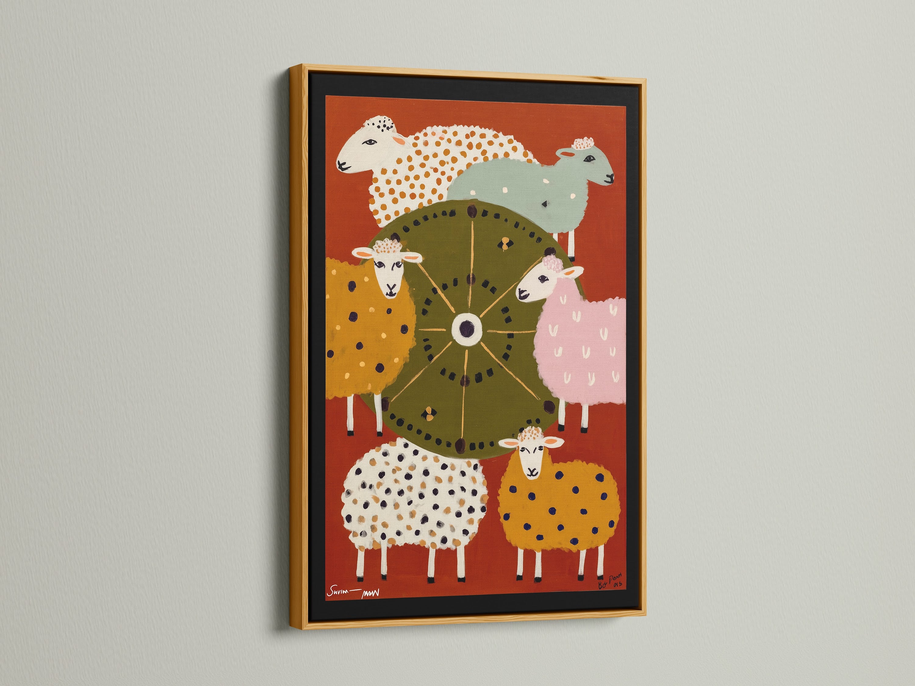 Elegant gold frame displaying a vibrant sheep folk art print. This artwork adds a touch of sophistication and whimsy to any room. Perfect for nursery decor or a unique kitchen wall art piece. The colorful farm animal art brings a playful yet stylish element to your home.