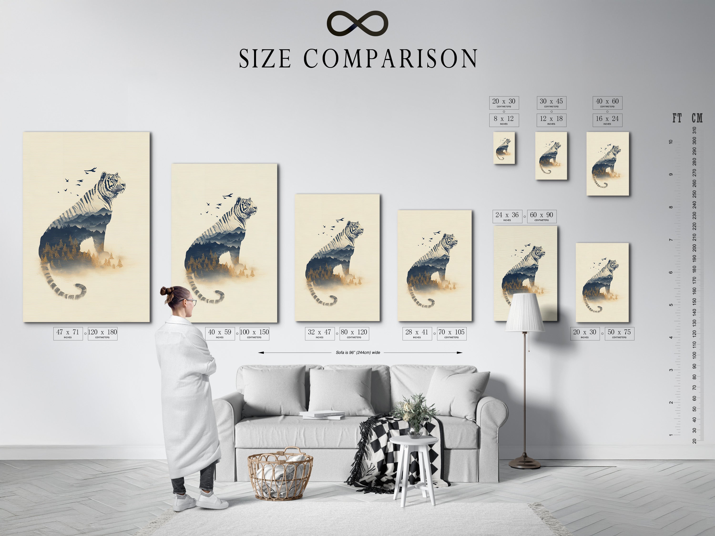Size comparison chart in an interior setting. See how the tiger double exposure artwork fits in your space. This wildlife canvas print is available in multiple sizes. Visualize the perfect size for your office wall art. Choose the right nature canvas print.
