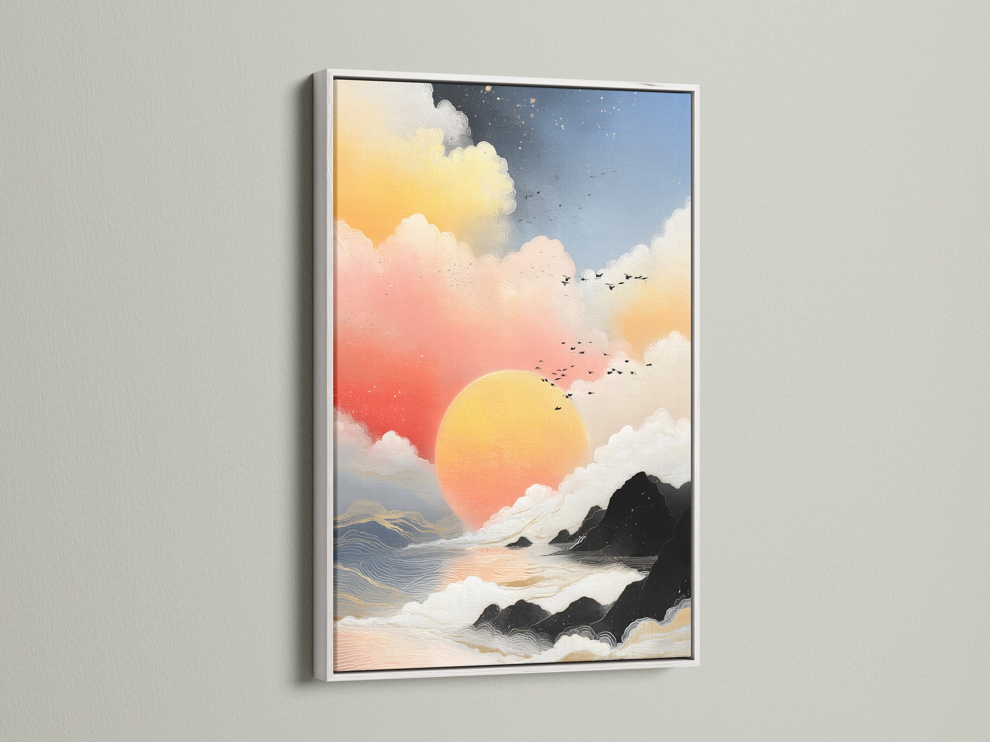 Sunrise Seascape abstract canvas in a white frame. This coastal wall art brings a serene touch. Peach and teal colors create a calming effect. Ideal for modern interiors.