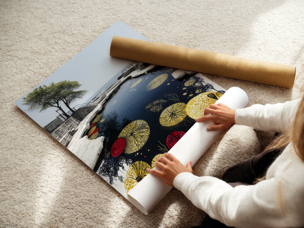A woman carefully rolls a fine art poster paper. This highlights the delicate handling of high-quality materials. We ensure your Japanese Zen Garden Art arrives in pristine condition. Ready to enhance your space