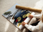 A woman carefully rolls a fine art poster paper. This highlights the delicate handling of high-quality materials. We ensure your Japanese Zen Garden Art arrives in pristine condition. Ready to enhance your space