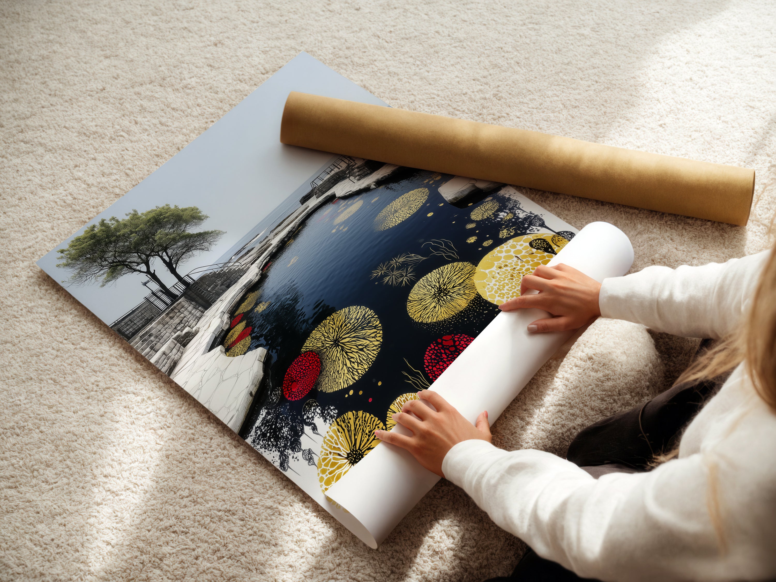 A woman carefully rolls a fine art poster paper. This highlights the delicate handling of high-quality materials. We ensure your Japanese Zen Garden Art arrives in pristine condition. Ready to enhance your space