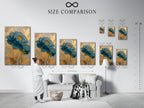 A size comparison chart in an interior setting. The chart shows the different sizes available. The chart helps you visualize the size of the artwork. Choose the perfect size for your space. The interior is a living room with a sofa and a coffee table.