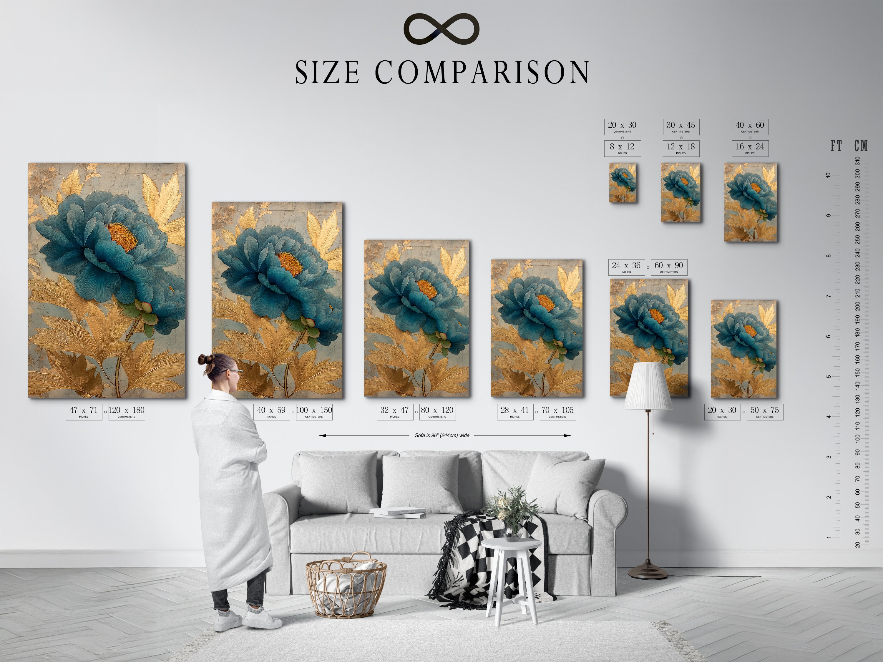 A size comparison chart in an interior setting. The chart shows the different sizes available. The chart helps you visualize the size of the artwork. Choose the perfect size for your space. The interior is a living room with a sofa and a coffee table.
