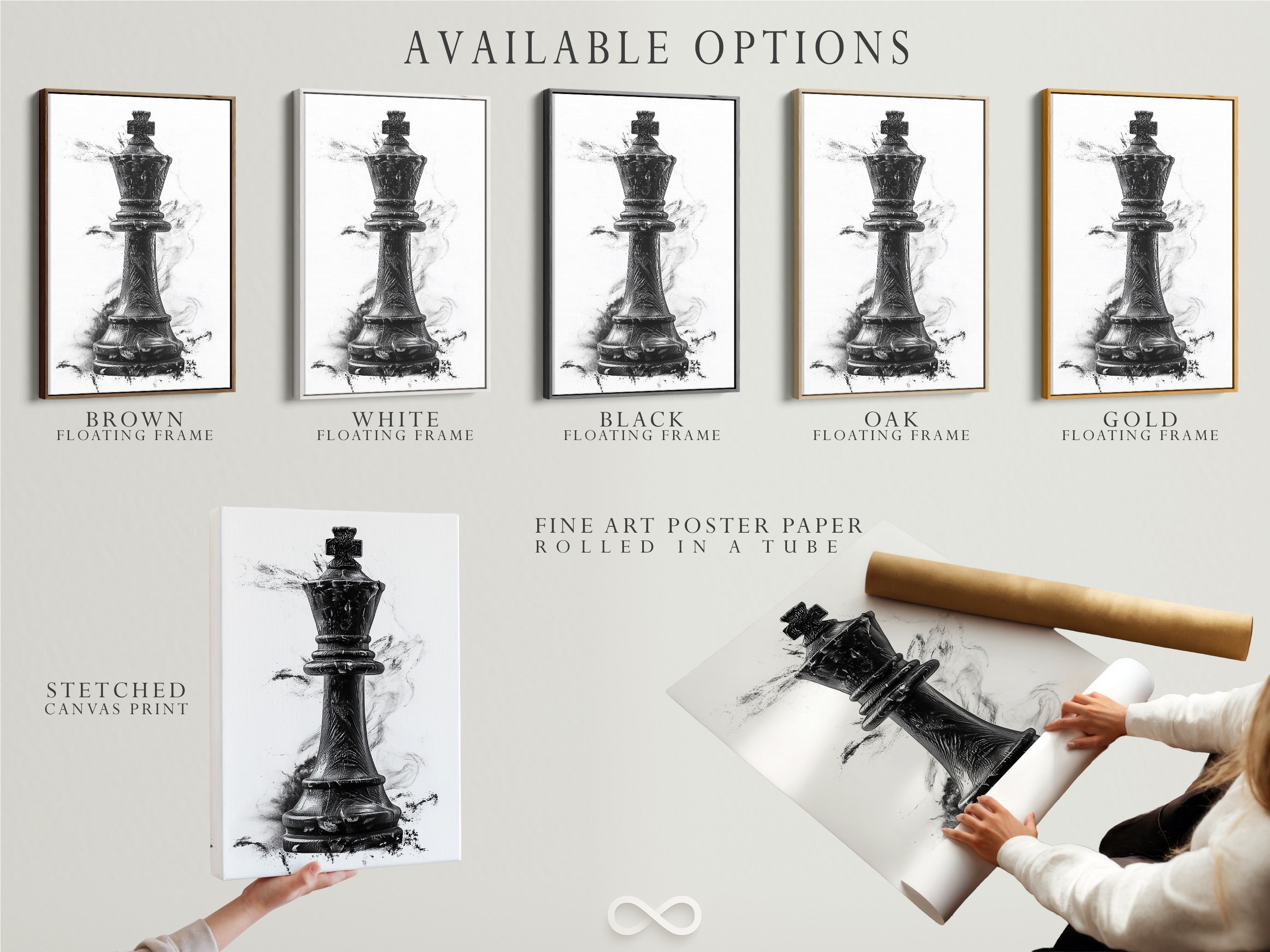 Explore available options for your artwork. Choose from a stretched canvas print. Opt for fine art poster paper or a floating frame. Customize your artwork to match your style. It enhances your home decor with our versatile options.