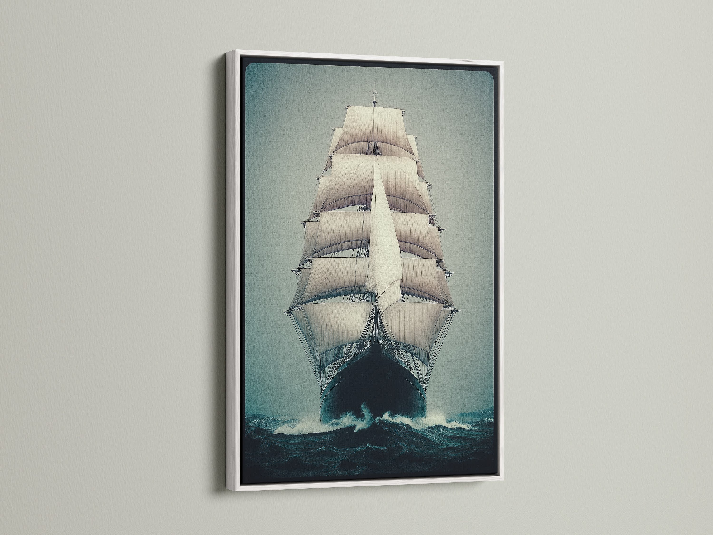 Sailing Ship Canvas Print with a white frame. This nautical artwork brings a fresh coastal vibe. The ocean vessel poster is perfect for maritime enthusiasts. A beautiful addition to any room.