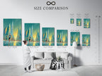 Size comparison chart displayed in an interior setting. This chart helps visualize artwork dimensions in a room. Choose the perfect size for your space. Ensure your art complements your home decor. See how different sizes transform your walls.