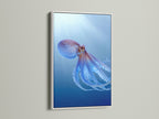 This octopus artwork is showcased in a clean white frame. The contrast highlights the teal blue and marine details. Ideal for coastal bathroom decor this sea canvas print adds a fresh touch. A beautiful piece of animal artwork for any room. Enjoy ocean prints at home.
