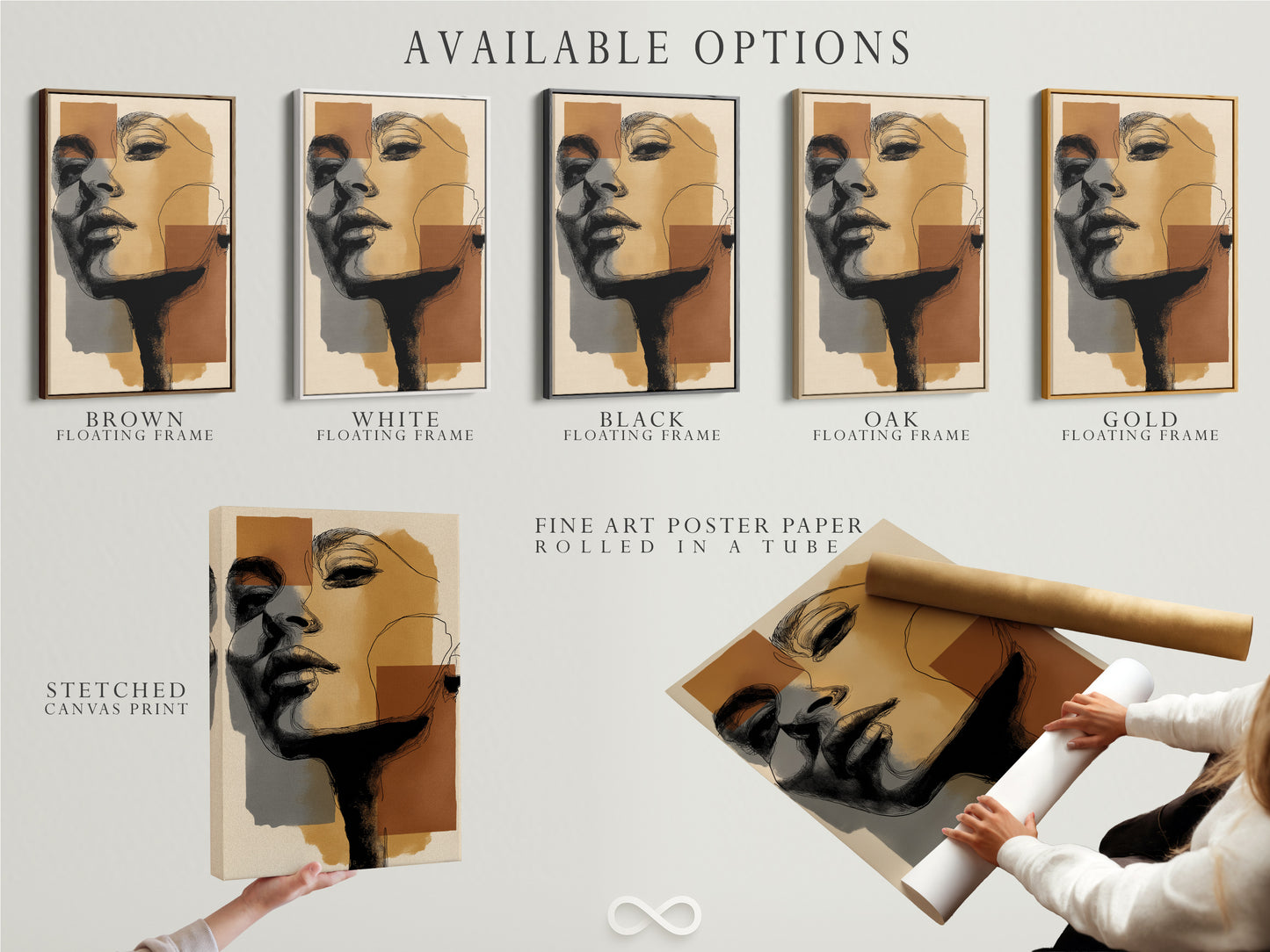 Available options for the abstract portrait artwork. Choose from stretched canvas print fine art poster paper or floating frame. Customize your modern wall art to match your style. Shop now.
