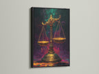 The scales of justice artwork is presented in a black frame. The black frame adds a modern touch to this classic legal artwork. This scales canvas print is ideal for law firms and legal professionals. Enhance your office decor with this justice artwork.