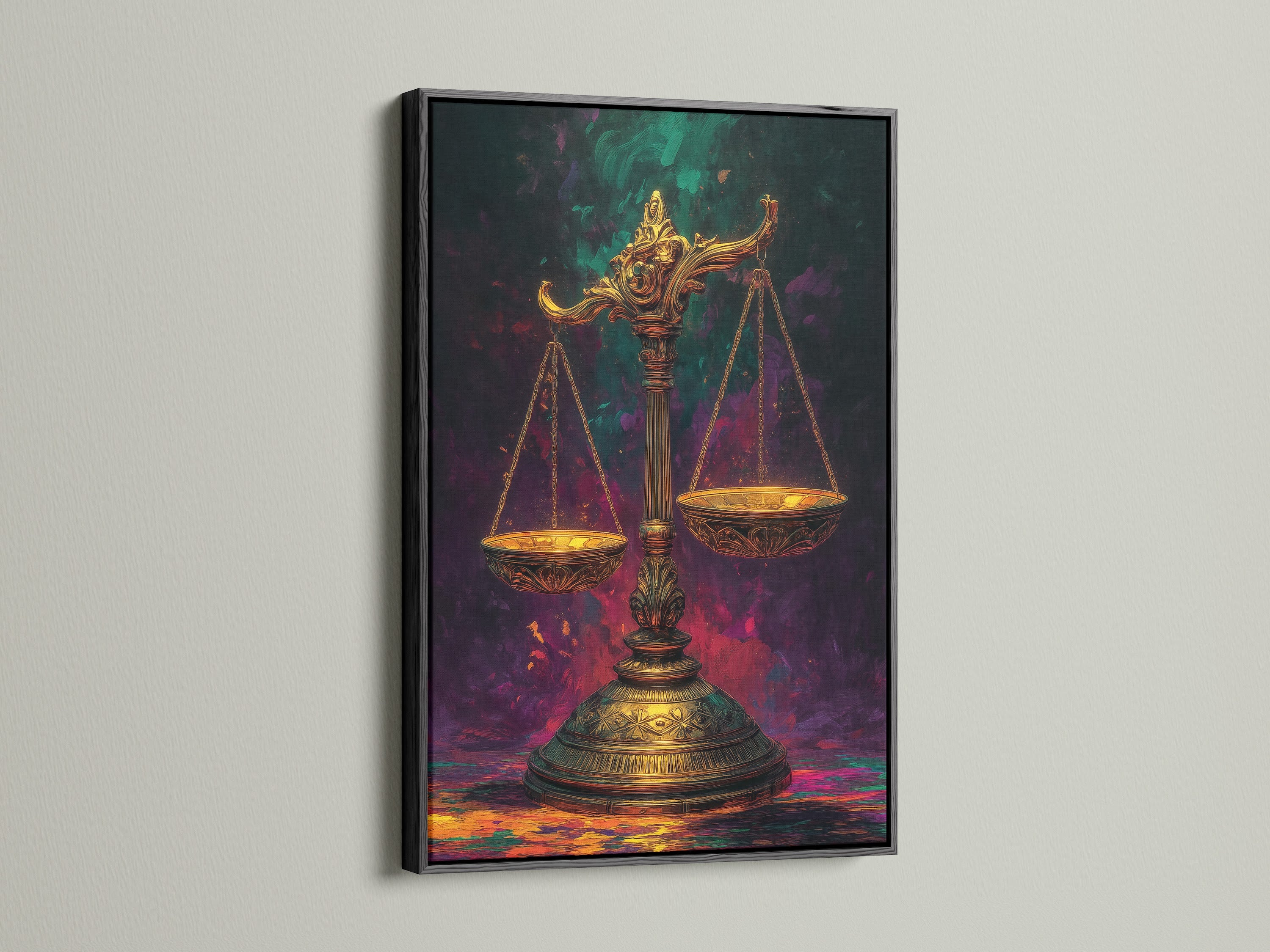 The scales of justice artwork is presented in a black frame. The black frame adds a modern touch to this classic legal artwork. This scales canvas print is ideal for law firms and legal professionals. Enhance your office decor with this justice artwork.