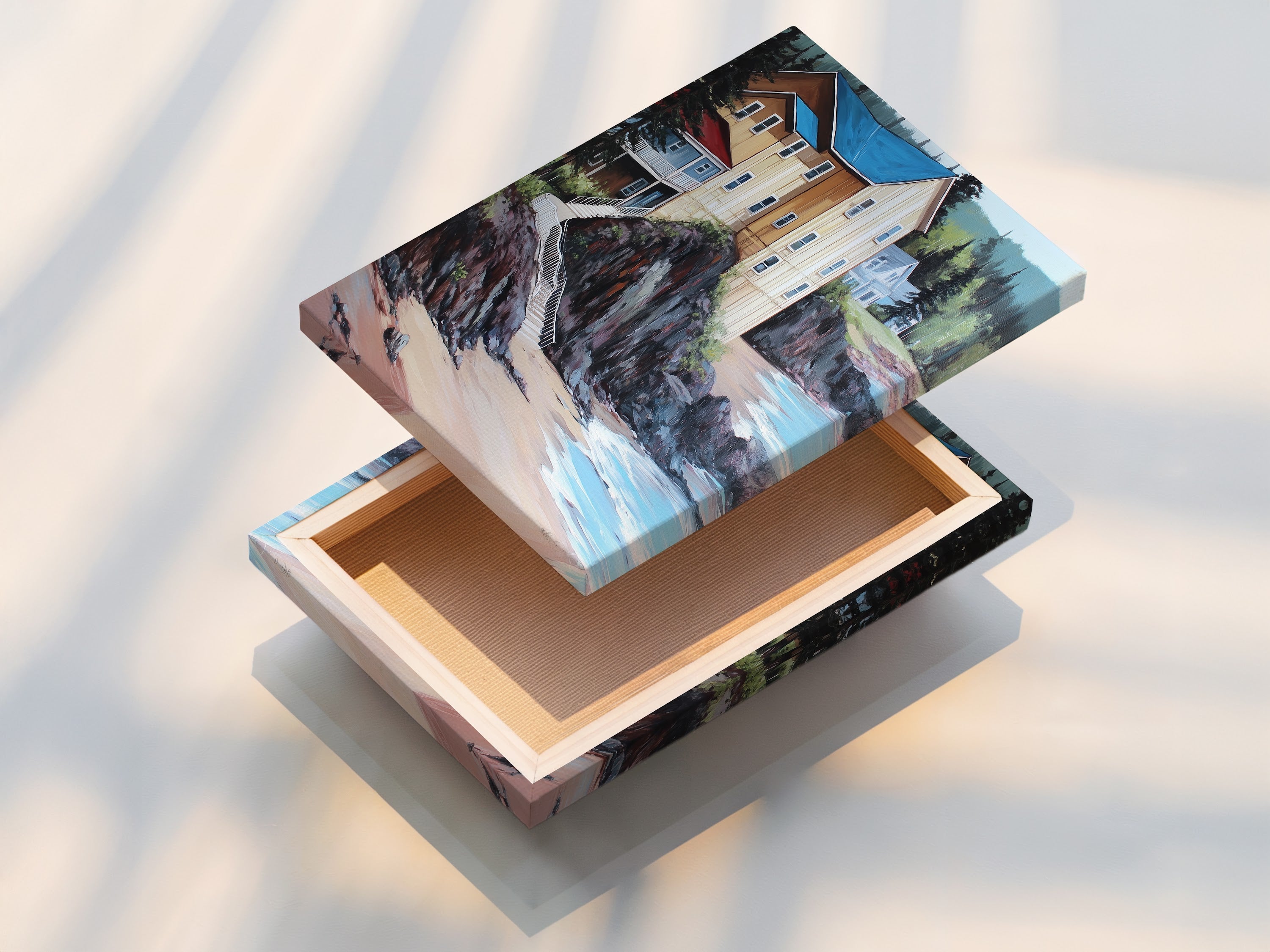 Beautiful stretched canvas print of coastal artwork. Ready to hang nautical wall art for your home. This beach house decor enhances any space. The stretched canvas print offers a gallery-quality look. Perfect for lake house art or seaside artwork. Bring the coast to your walls.