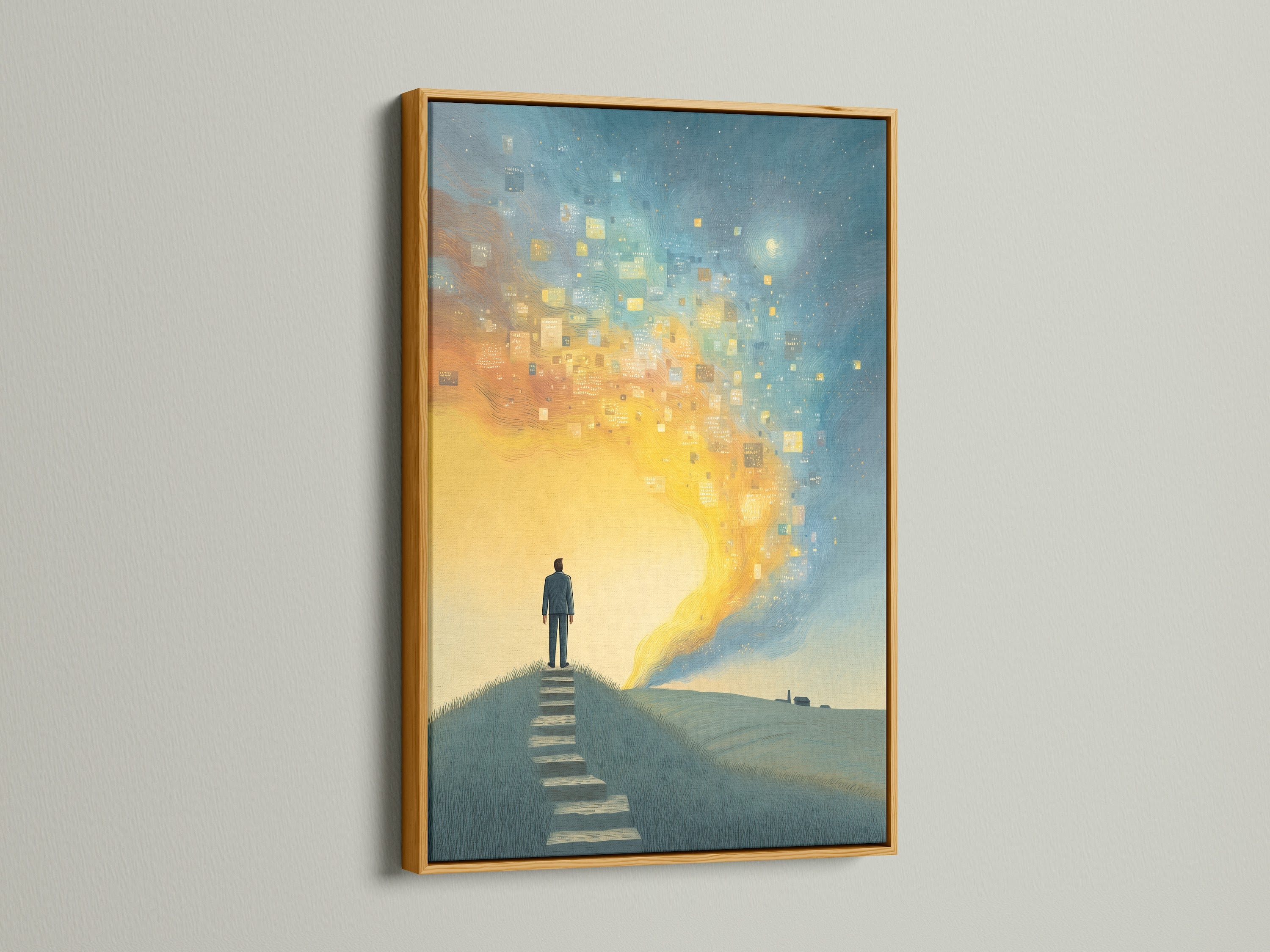 Surreal Journey canvas artwork with a gold frame. The artwork features a figure on a path. The gold frame adds a touch of elegance. This inspirational digital print is perfect for adding a modern touch. Enhance your living room bedroom or office with this beautiful piece.