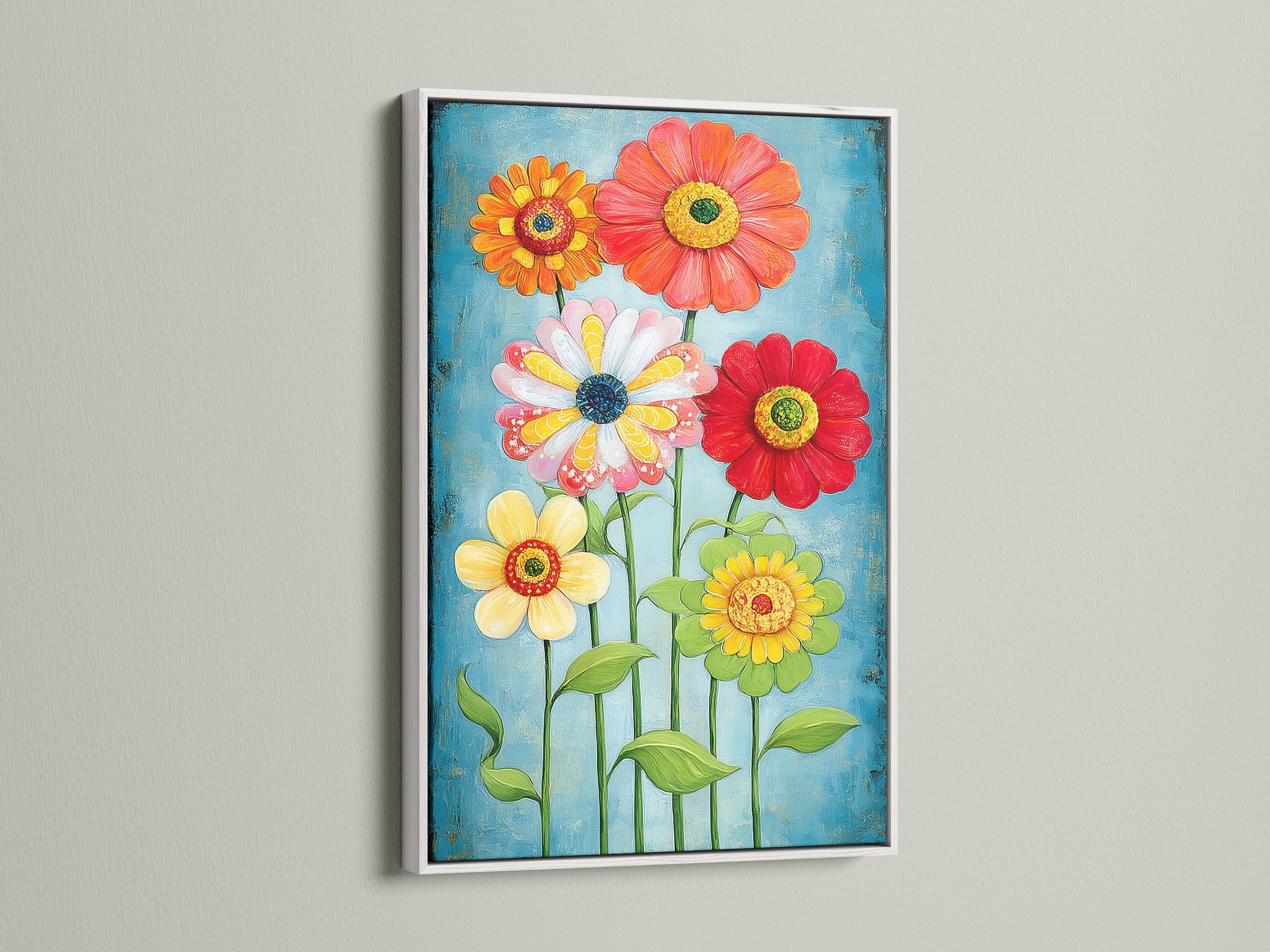 Here is a floral canvas print in a white frame. The colorful flower garden artwork adds a fresh touch. It's a botanical print suitable for modern home decor. This print brightens bedroom or living room walls. The vibrant colors make it inviting.