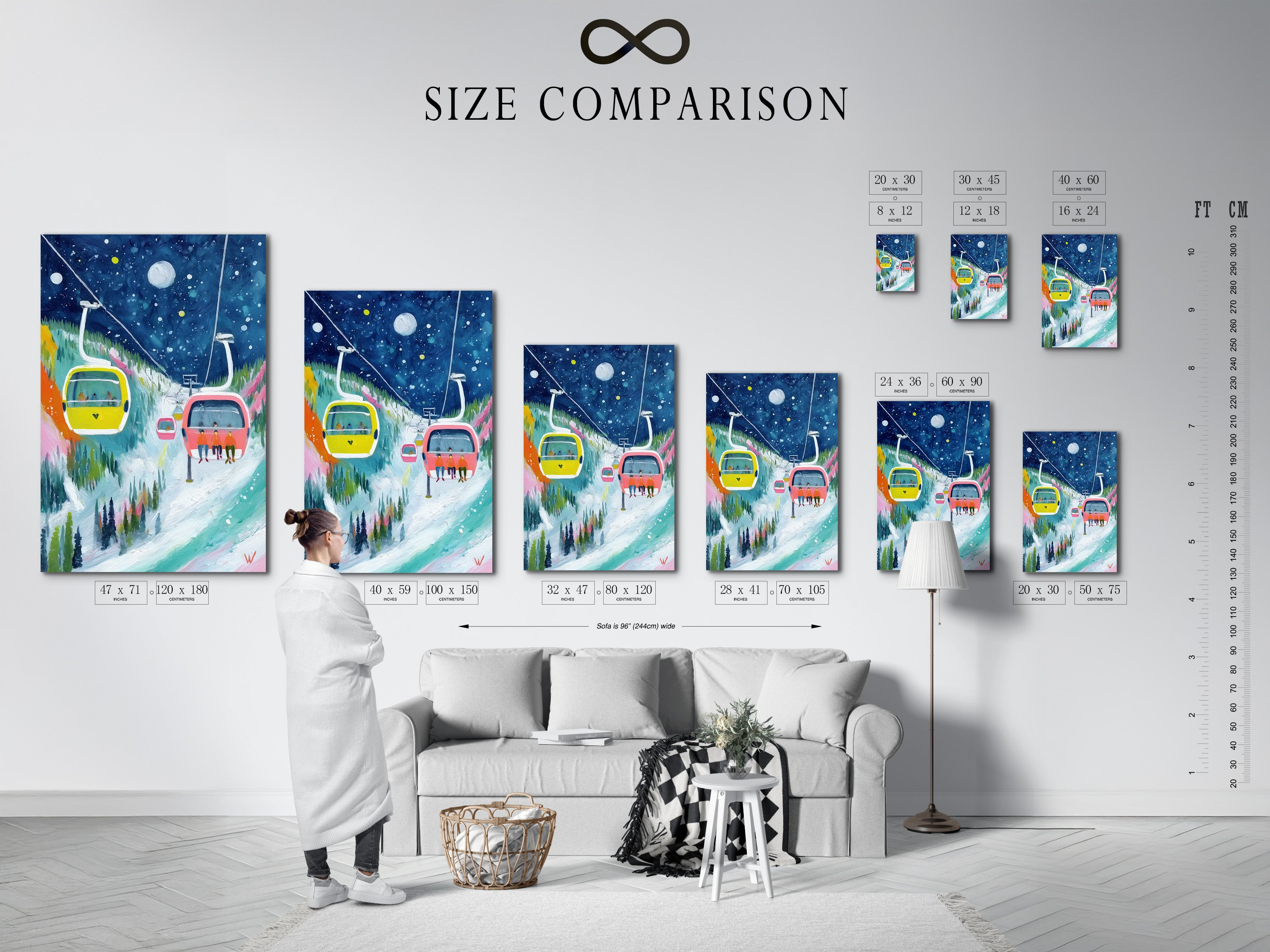 Size comparison chart in an interior setting. Visualize how this ski lift artwork fits in your space. Available in various sizes for your convenience. Find the perfect fit for your home or cabin.