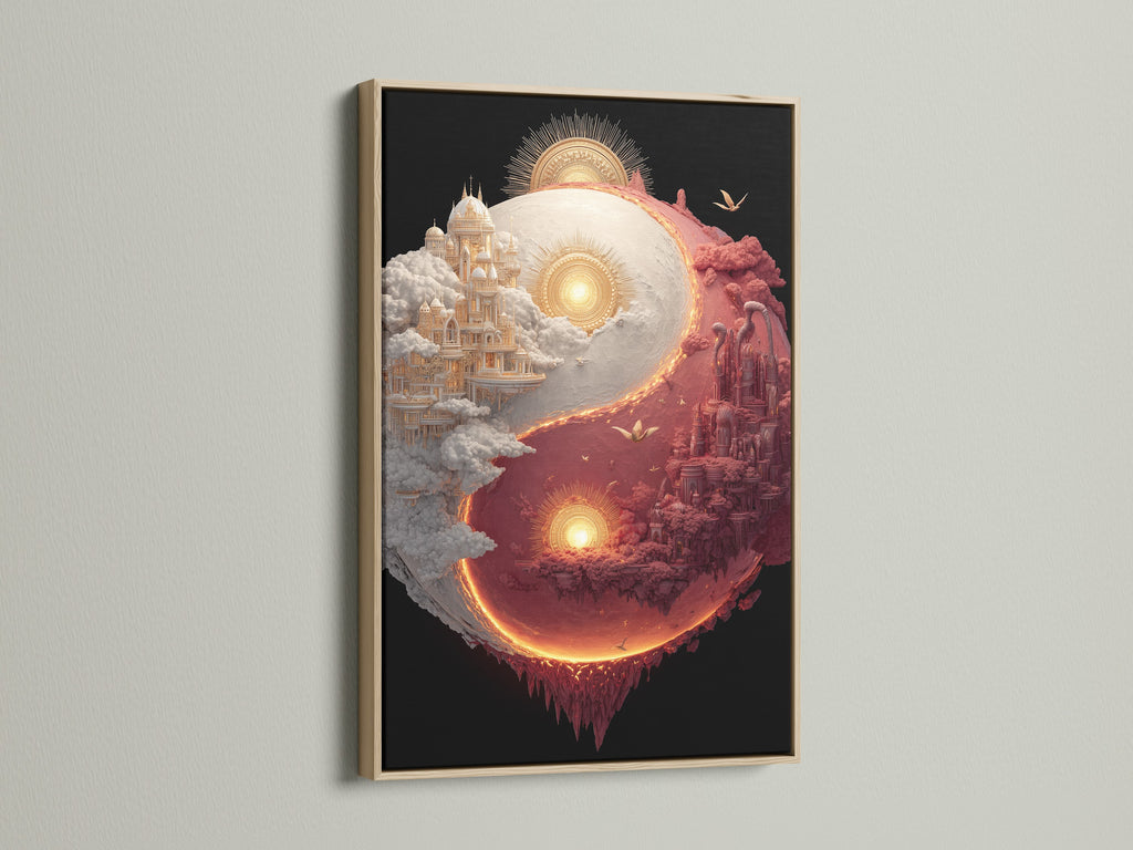 Yin and Yang art in an oak frame. The artwork shows two castles. One is white and the other is red. The castles are connected in a yin and yang shape. Find the perfect frame to complement your art.