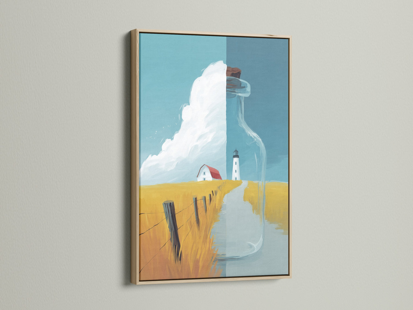 Coastal Lighthouse Canvas Artwork with an oak frame. This nautical landscape print features a serene ocean view. Ideal for adding a touch of coastal charm to living rooms or beach houses. A beautiful seascape art piece.