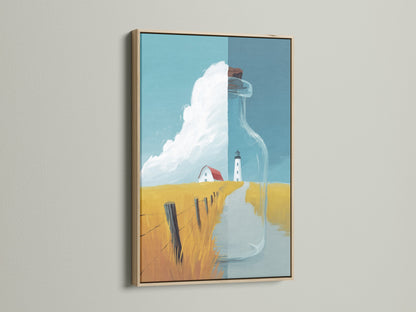 Coastal Lighthouse Canvas Artwork with an oak frame. This nautical landscape print features a serene ocean view. Ideal for adding a touch of coastal charm to living rooms or beach houses. A beautiful seascape art piece.