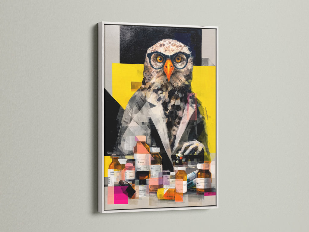 The owl scientist artwork is presented in a white frame. The clean white frame offers a modern and fresh look. It is ideal for a study room or office wall decor. This quirky animal art will brighten any space. The white frame ensures the artwork stands out.