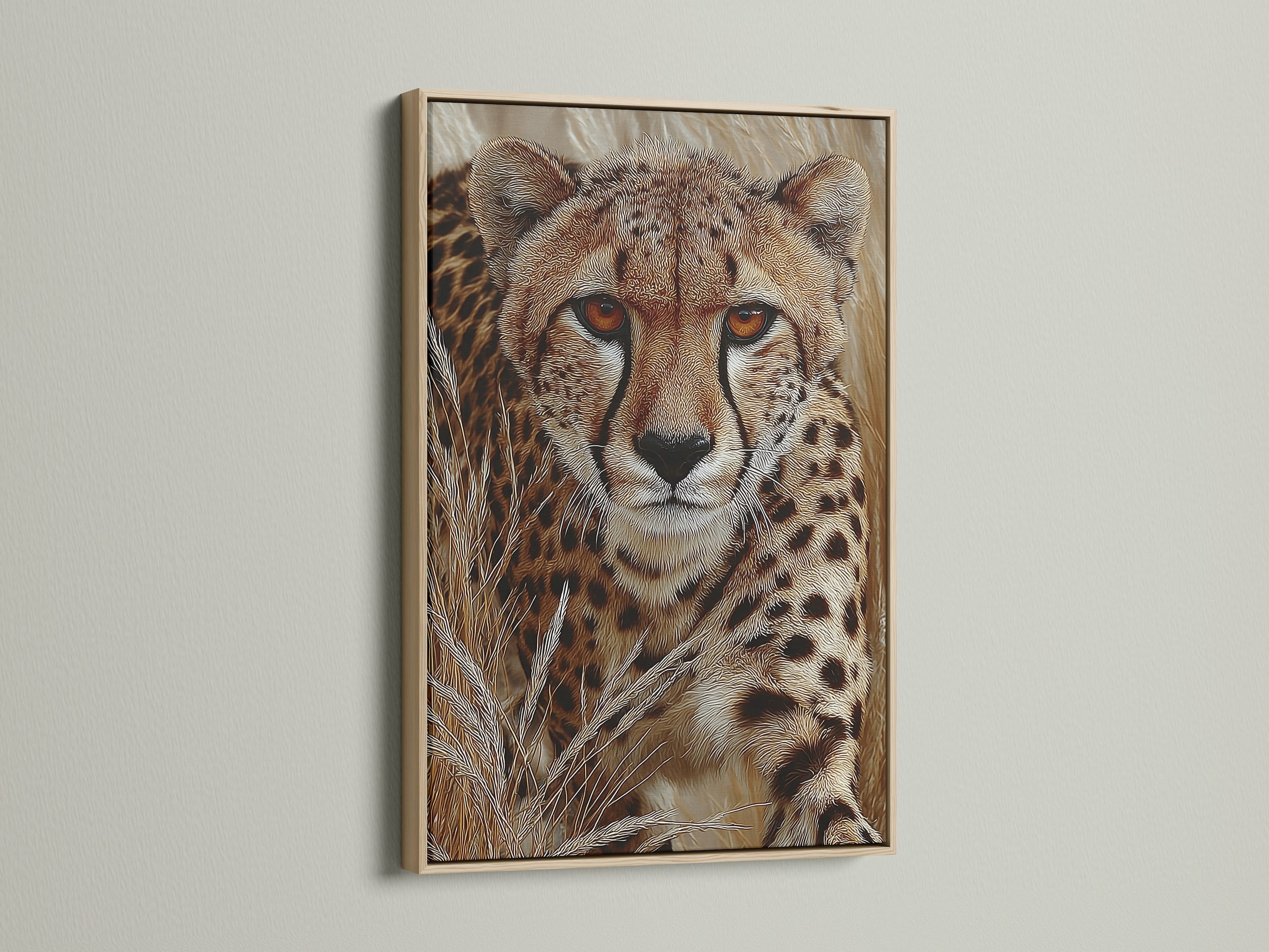 A captivating cheetah portrait is showcased in an oak frame. The safari animal print brings nature indoors. Add wildlife art to your space with this stunning African animal art. A great choice for office wall decor.