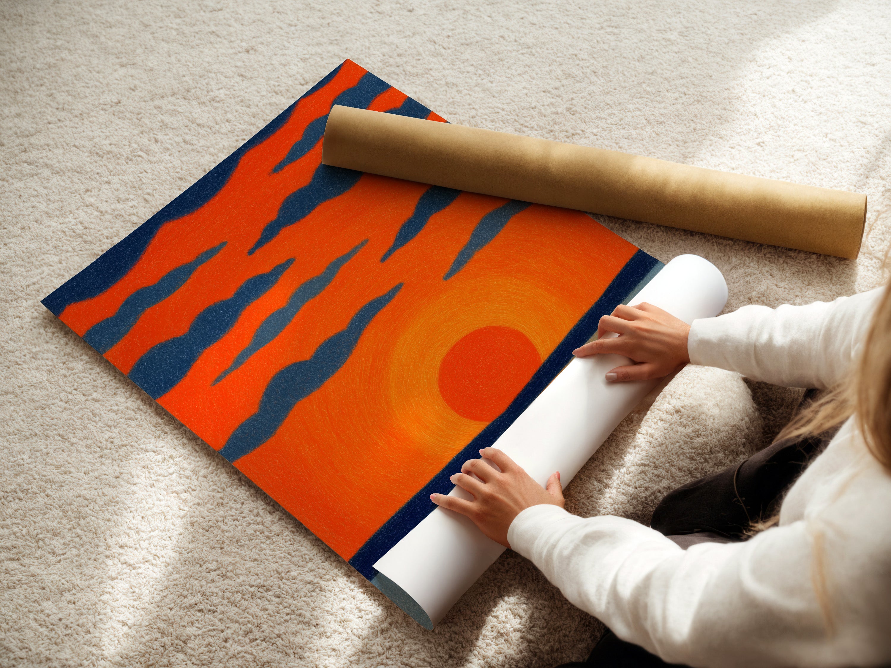 A woman carefully rolls a fine art poster paper. This sunset seascape artwork is ready for display. Choose from various options to suit your style. This coastal art print is perfect for home or office wall decor. A vibrant orange sky art.