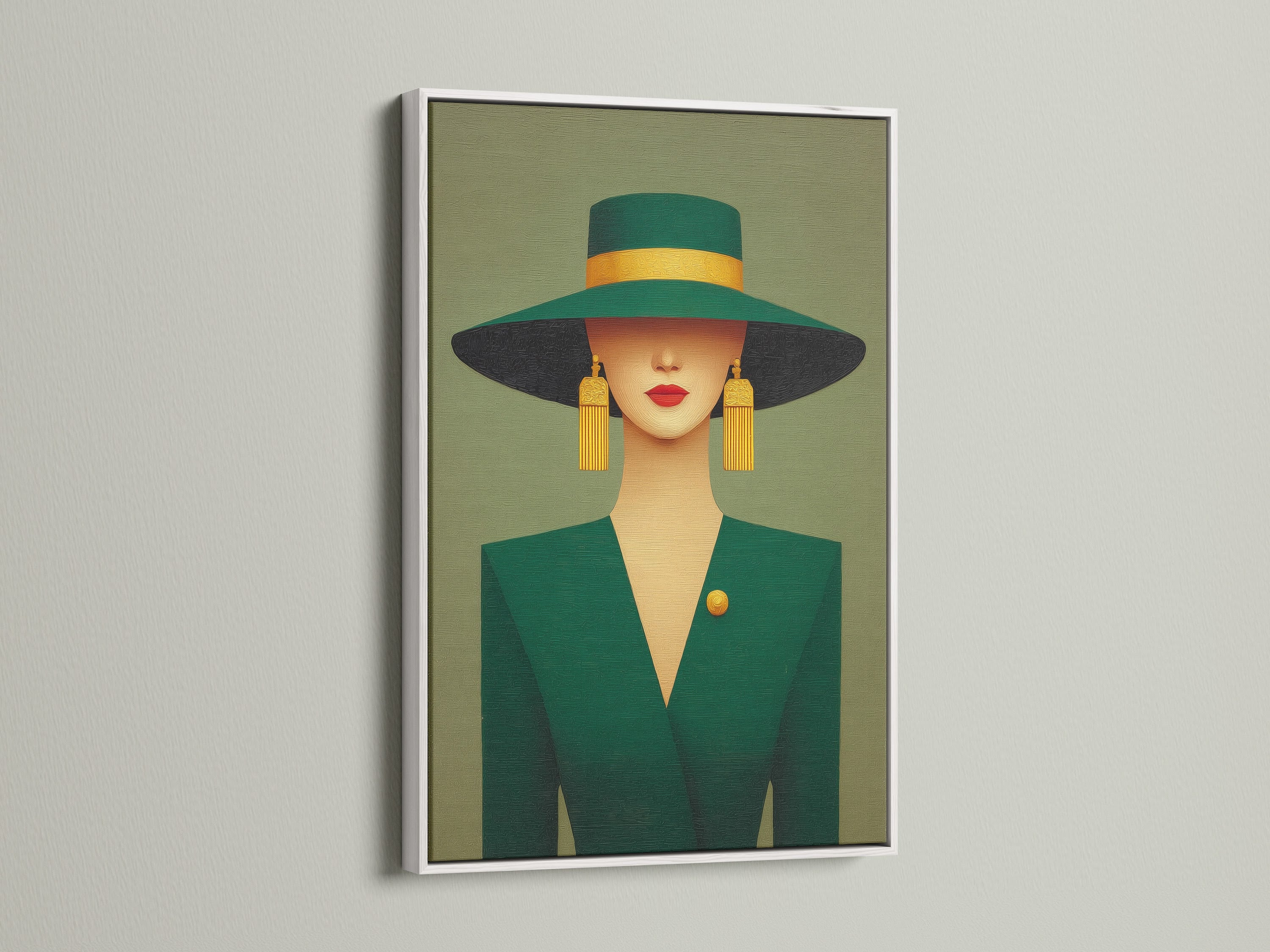 Elegant woman portrait artwork displayed in a white frame. This art deco style print features emerald green and gold. It adds a touch of vintage fashion to any wall. The white frame provides a clean modern look. Perfect for stylish wall art.