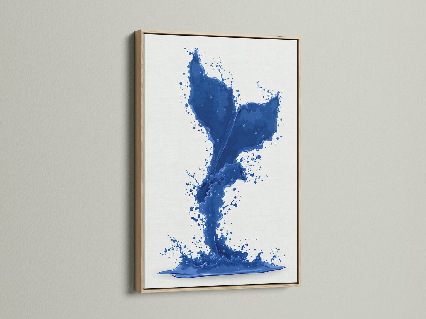 A striking cobalt blue whale tail artwork. This piece is framed in a natural oak frame. It offers a touch of nautical elegance. Perfect for adding a splash of ocean-themed decor to your space.