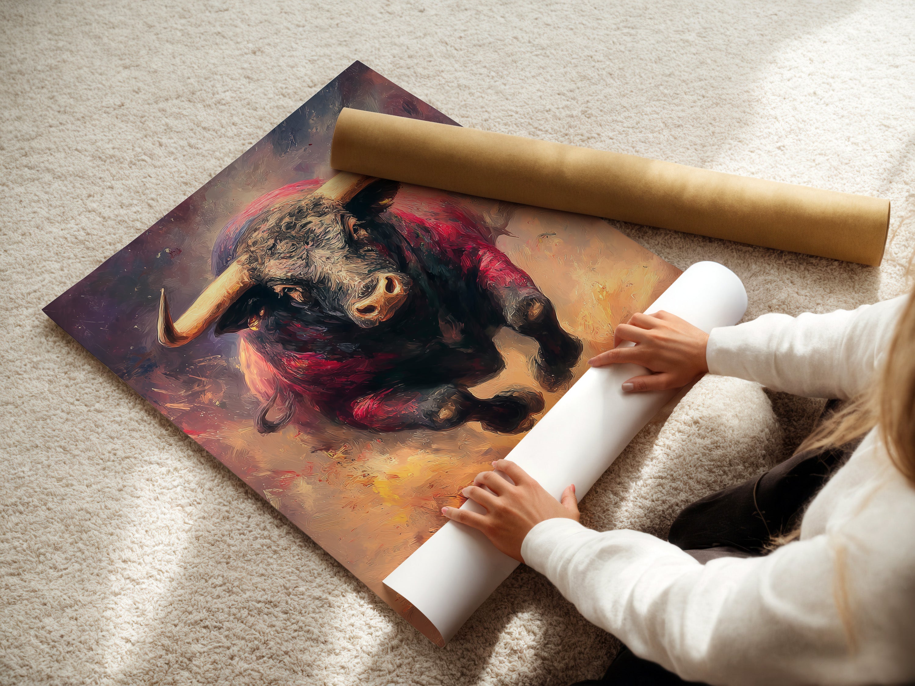 A woman carefully rolling a fine art poster paper. This high quality paper is perfect for art prints. The paper ensures vibrant colors and detail. Shop fine art poster paper for your next project now.