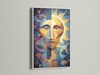 An abstract sun face art print displayed in a sleek white frame. The white frame offers a clean and modern look. It enhances artwork without overpowering it. A versatile choice for contemporary interiors adding brightness.