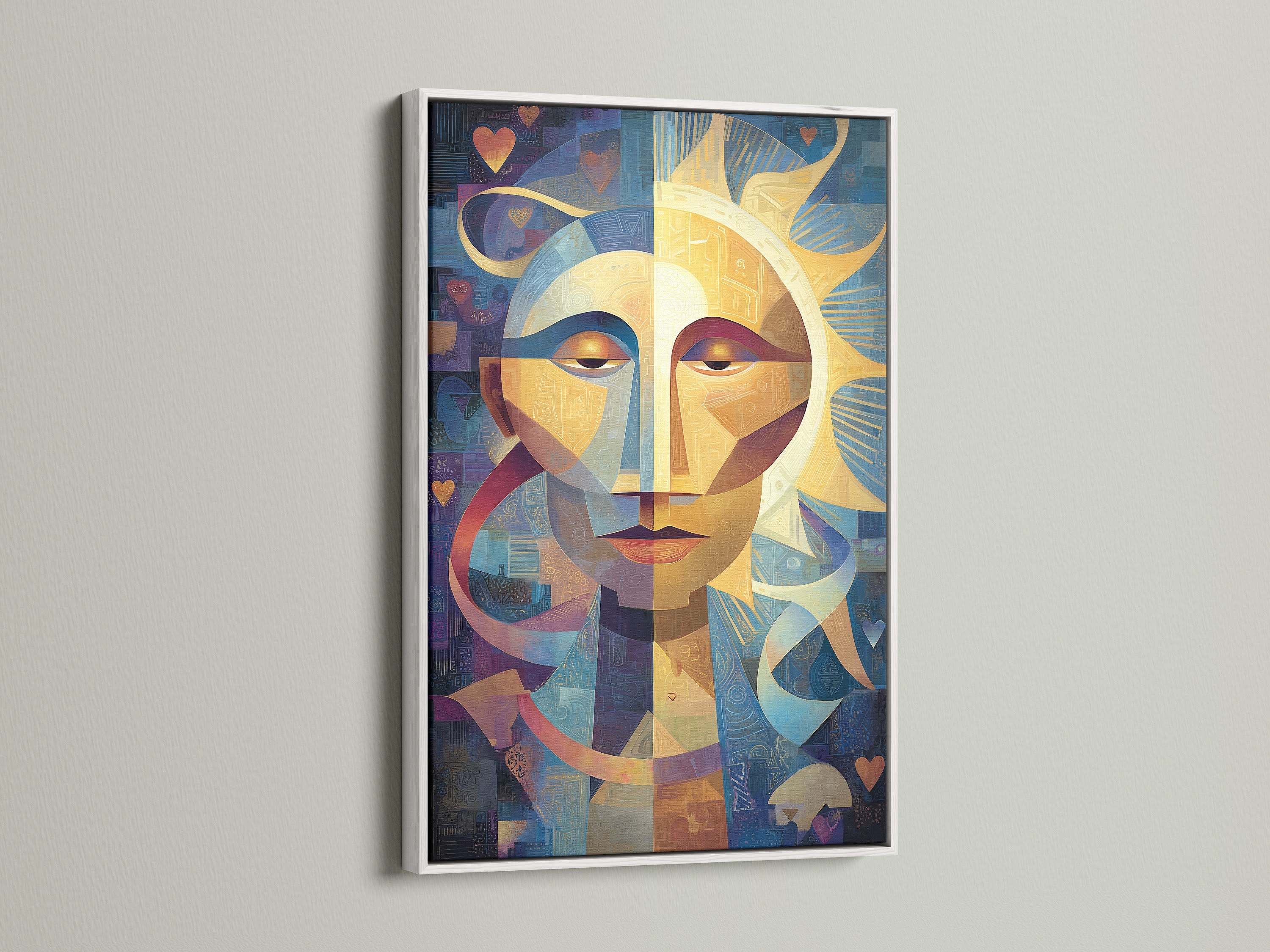 An abstract sun face art print displayed in a sleek white frame. The white frame offers a clean and modern look. It enhances artwork without overpowering it. A versatile choice for contemporary interiors adding brightness.