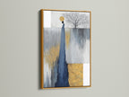 An abstract figure canvas print is presented in a gold frame. The artwork displays elegant grey blue and gold colors. This minimalist piece adds a touch of luxury to neutral decor. It's suitable for homeowners renters and interior stylists looking for modern home art.