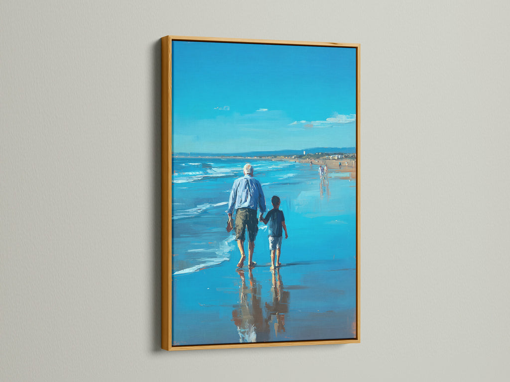 An artwork with a gold frame is displayed on a wall. The art shows a man and child walking on the beach. The gold frame adds a touch of luxury and sophistication. It enhances the artwork's richness. The artwork becomes a focal point. It elevates the room’s decor.