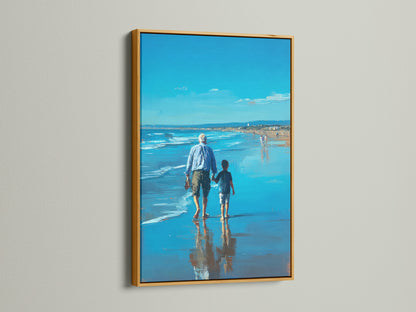 An artwork with a gold frame is displayed on a wall. The art shows a man and child walking on the beach. The gold frame adds a touch of luxury and sophistication. It enhances the artwork's richness. The artwork becomes a focal point. It elevates the room’s decor.