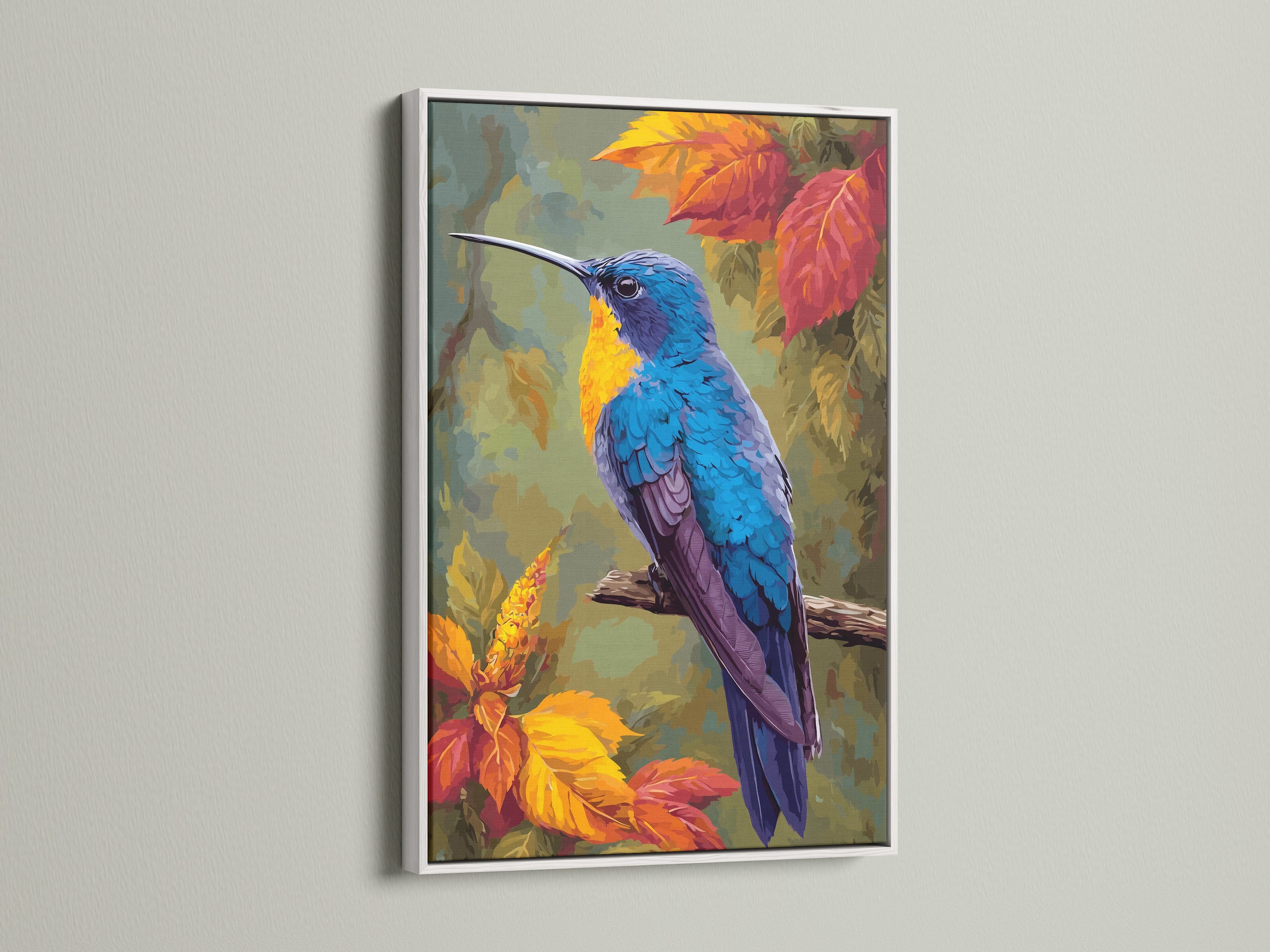 A clean white frame holds a captivating bird art print. This artwork features a vibrant hummingbird. The white frame provides a modern and minimalist look. It allows the artwork to stand out. It is ideal for brightening up any room with this framed artwork.