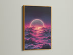 The celestial moon canvas print features a gold frame. Pink cloud art enhances the dreamy sky. This bedroom wall art is luxurious and modern. The ethereal decor adds a touch of elegance. Consider this lunar artwork for your space.