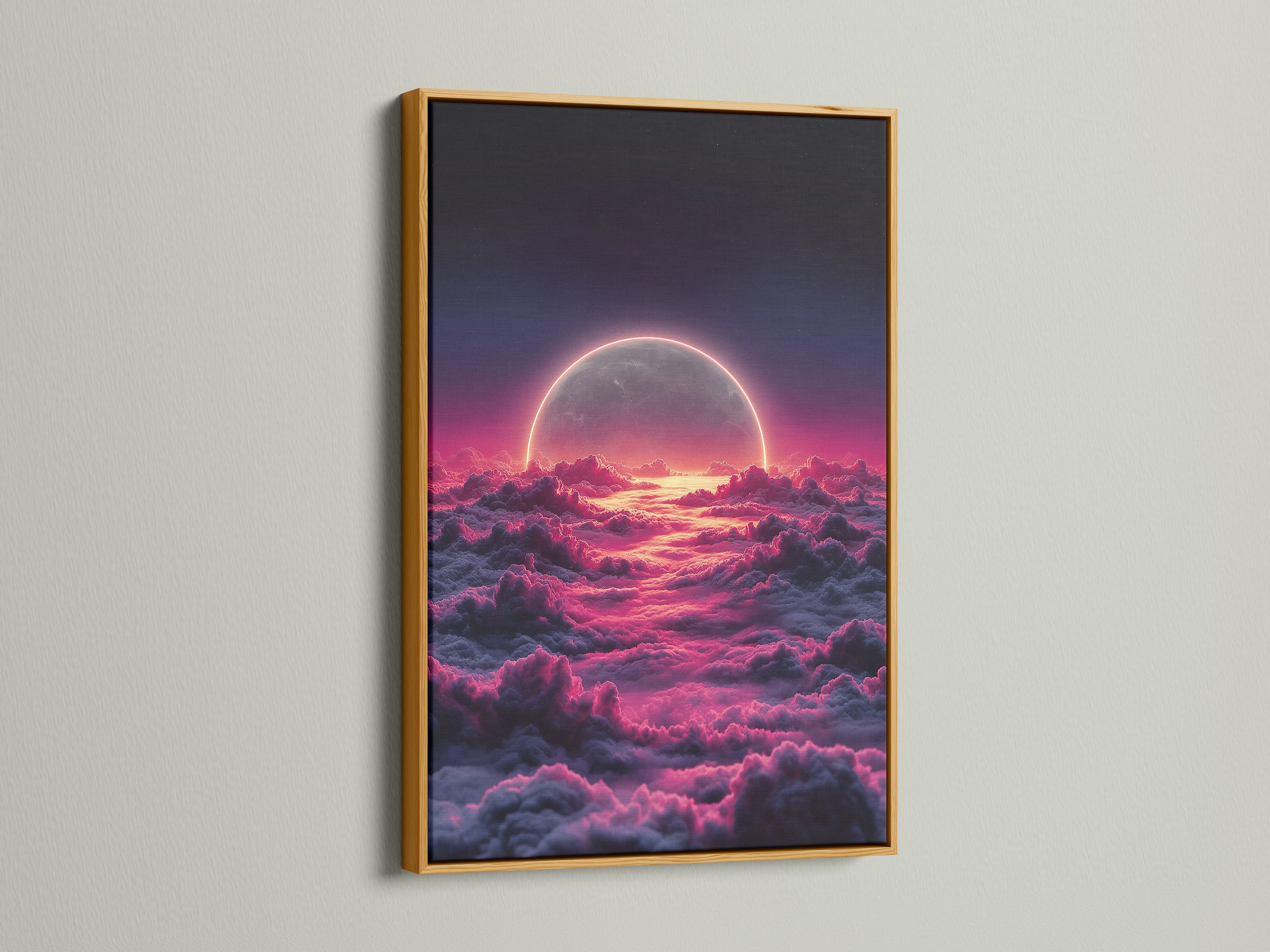 The celestial moon canvas print features a gold frame. Pink cloud art enhances the dreamy sky. This bedroom wall art is luxurious and modern. The ethereal decor adds a touch of elegance. Consider this lunar artwork for your space.