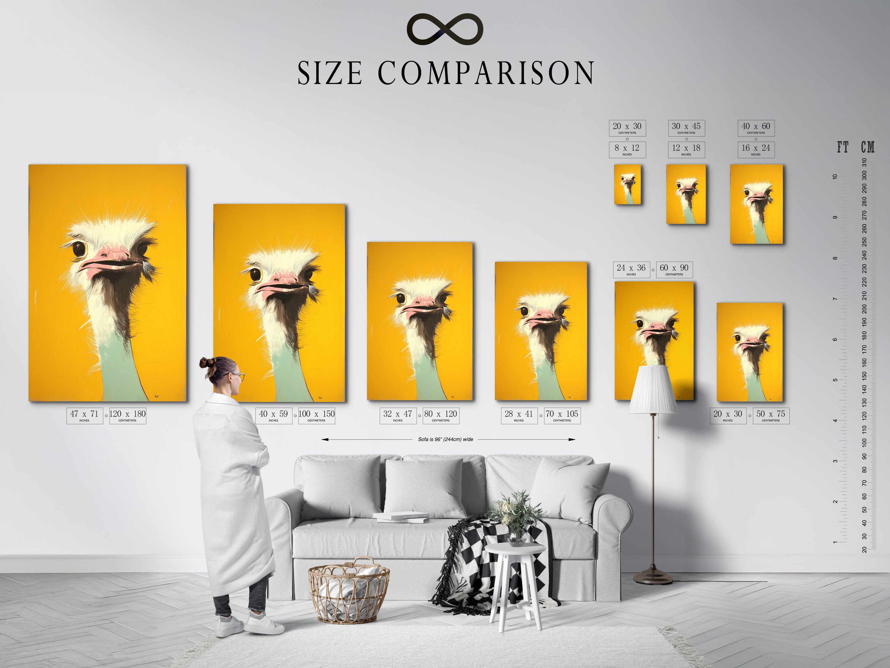A size comparison chart is shown in an interior setting. The chart helps you visualize the different art print sizes. It allows you to choose the perfect fit for your space. View our art size guide.