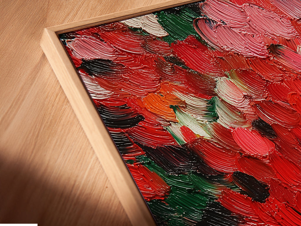 A close-up angled view of a canvas print in a floating frame is showcased. The abstract red artwork features a textured impasto technique. This contemporary palette knife art is perfect for bedroom decor. It adds a modern and sophisticated touch to any interior space. It is ideal for colorful wall decor.