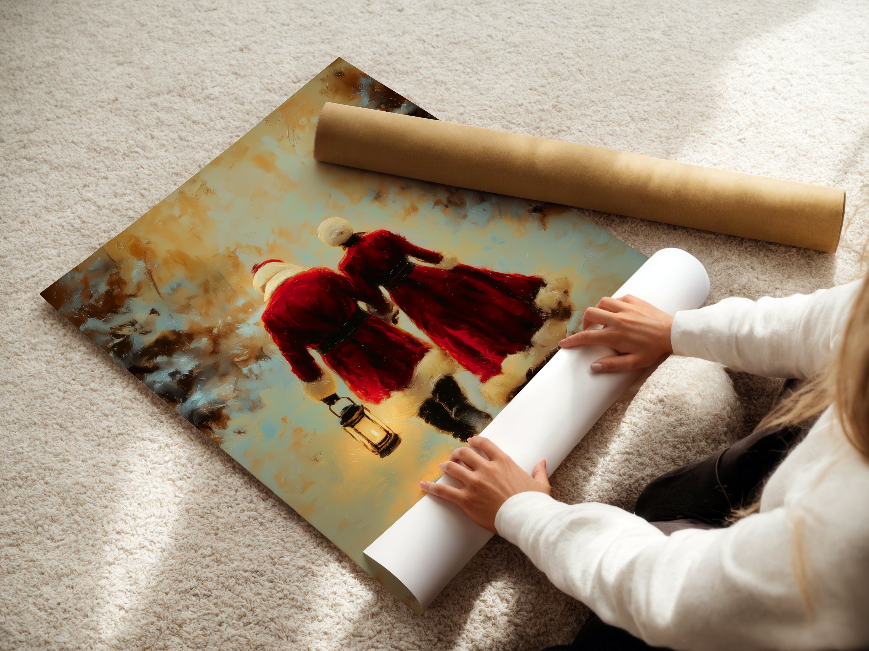 A woman is carefully rolling a fine art poster paper. This ensures your winter couple artwork arrives in perfect condition. Enjoy high-quality seasonal prints. Perfect for holiday decor.
