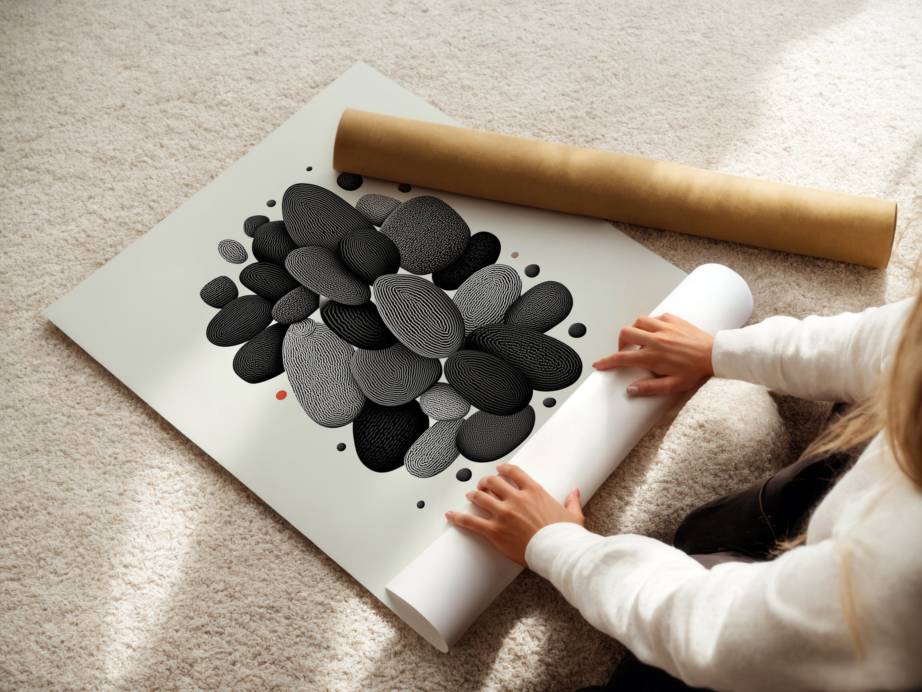 A woman is carefully rolling a fine art poster paper print. The Abstract Pebble artwork shows quality and care in handling. This minimalist black and white art is ready for framing or display. Perfect for modern home decor.