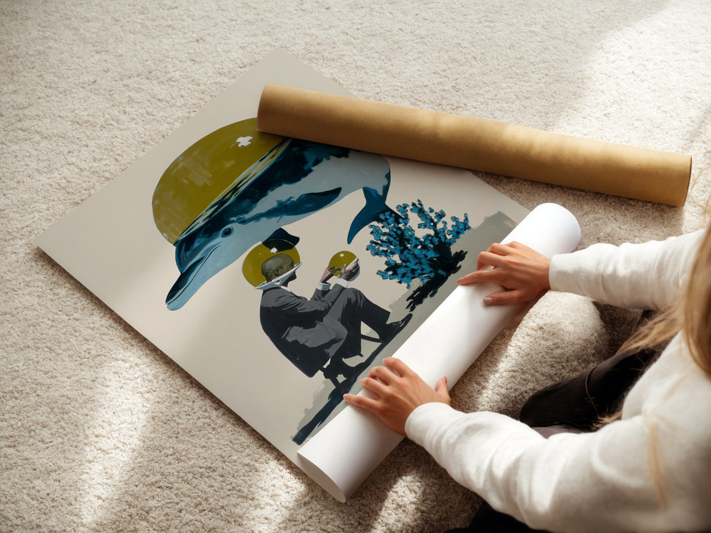 A woman is carefully rolling a fine art poster paper. The art poster features a diver and a whale. This action protects the contemporary marine life art. High-quality fine art paper ensures longevity. Perfect for collectors and enthusiasts.