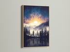 Mountain Lake artwork with an oak frame. The artwork showcases a serene lake surrounded by pine trees under a celestial sky. This nature print brings modern nature into your living space. Ideal for creating a peaceful bedroom decor with forest canvas.