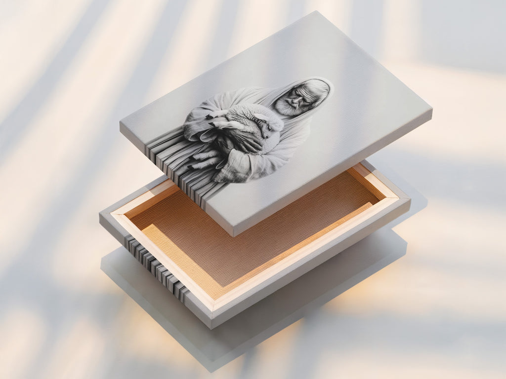 A stretched canvas print displays a black and white image. The artwork shows a man holding a lamb. The canvas is tightly stretched and ready to hang. The print quality is excellent. This canvas art print is a great addition to any art collection.