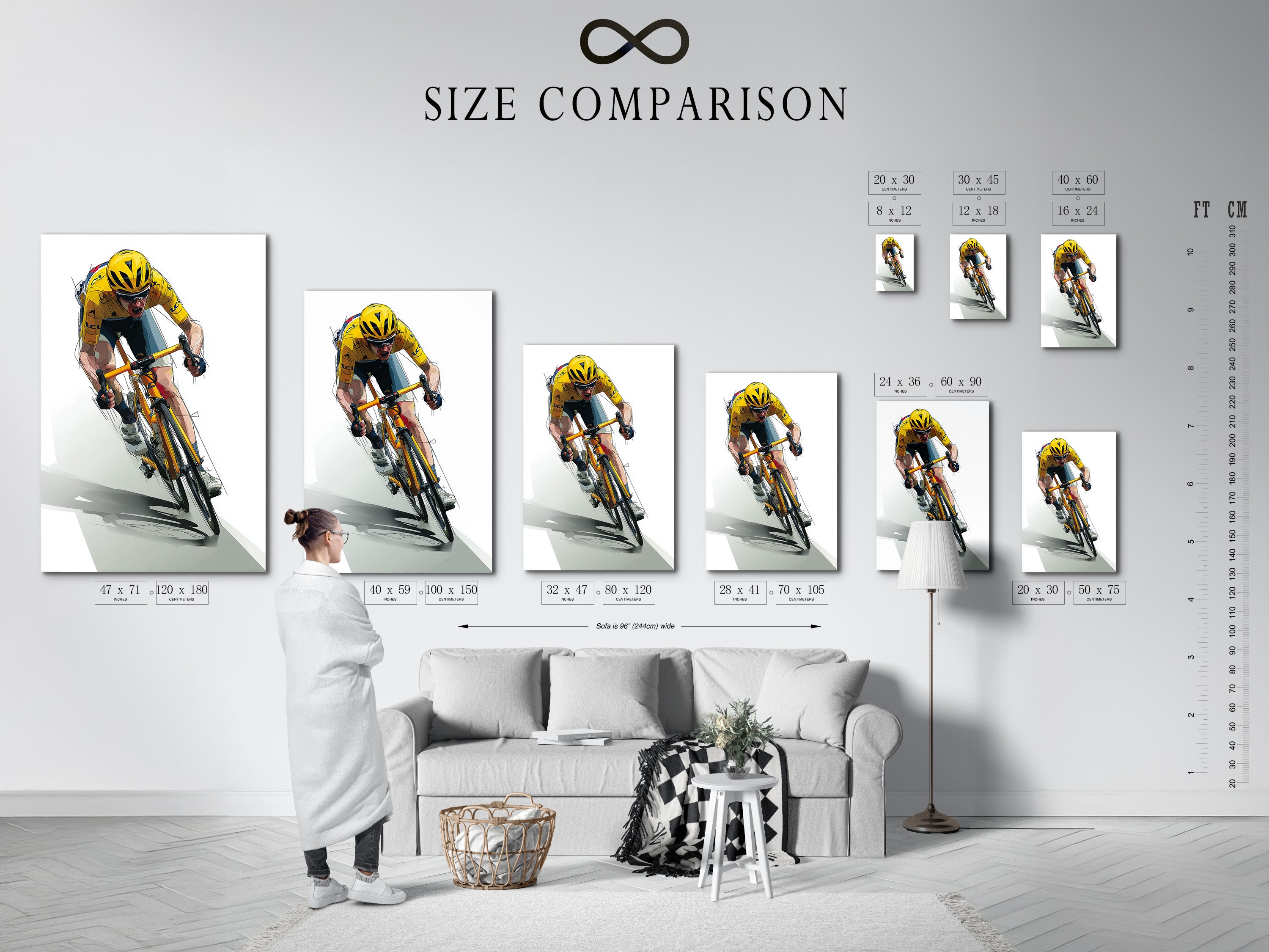 Size comparison chart in an interior setting. This chart helps you visualize the perfect size for your artwork. We offer various sizes to fit any space. Find the ideal dimensions for your needs.