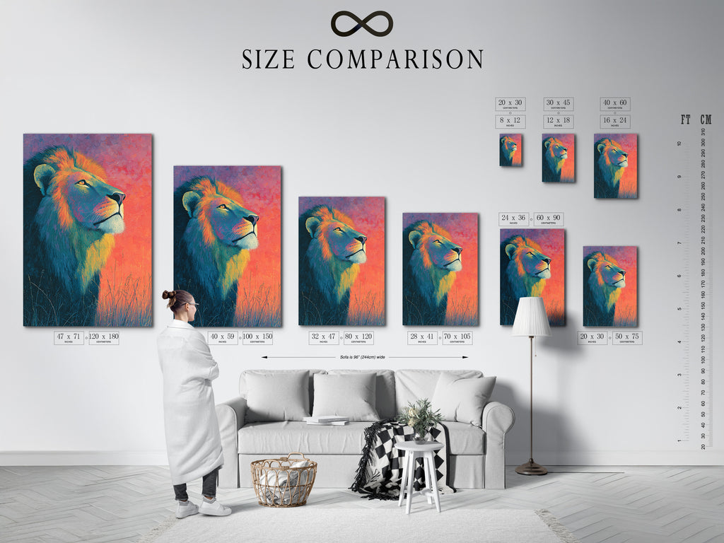 A size comparison chart is displayed in an interior setting. This chart helps visualize artwork dimensions. It allows you to choose the perfect size for your space. Use our chart to plan your art installation.