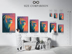 A size comparison chart is displayed in an interior setting. This chart helps visualize artwork dimensions. It allows you to choose the perfect size for your space. Use our chart to plan your art installation.
