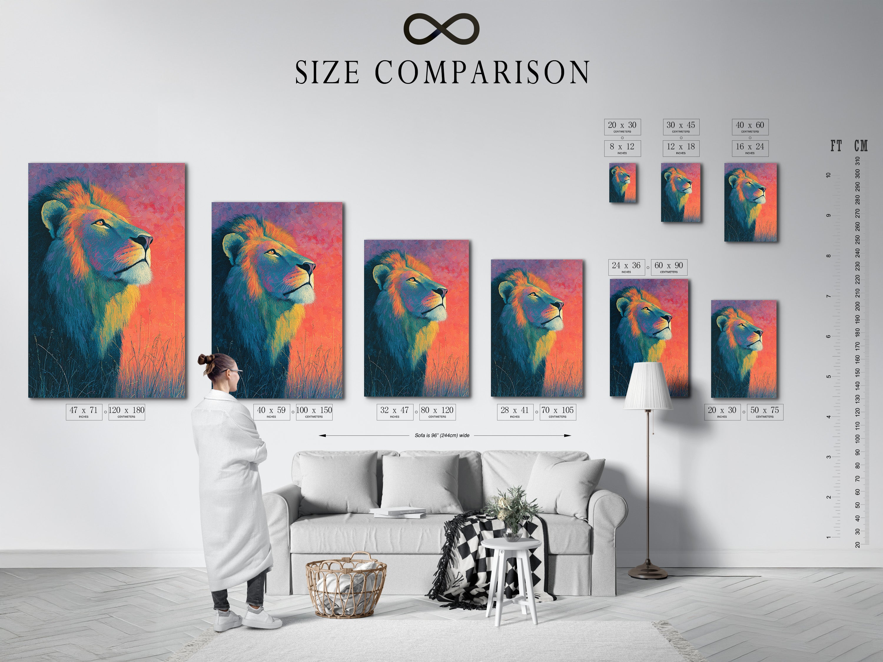 A size comparison chart is displayed in an interior setting. This chart helps visualize artwork dimensions. It allows you to choose the perfect size for your space. Use our chart to plan your art installation.
