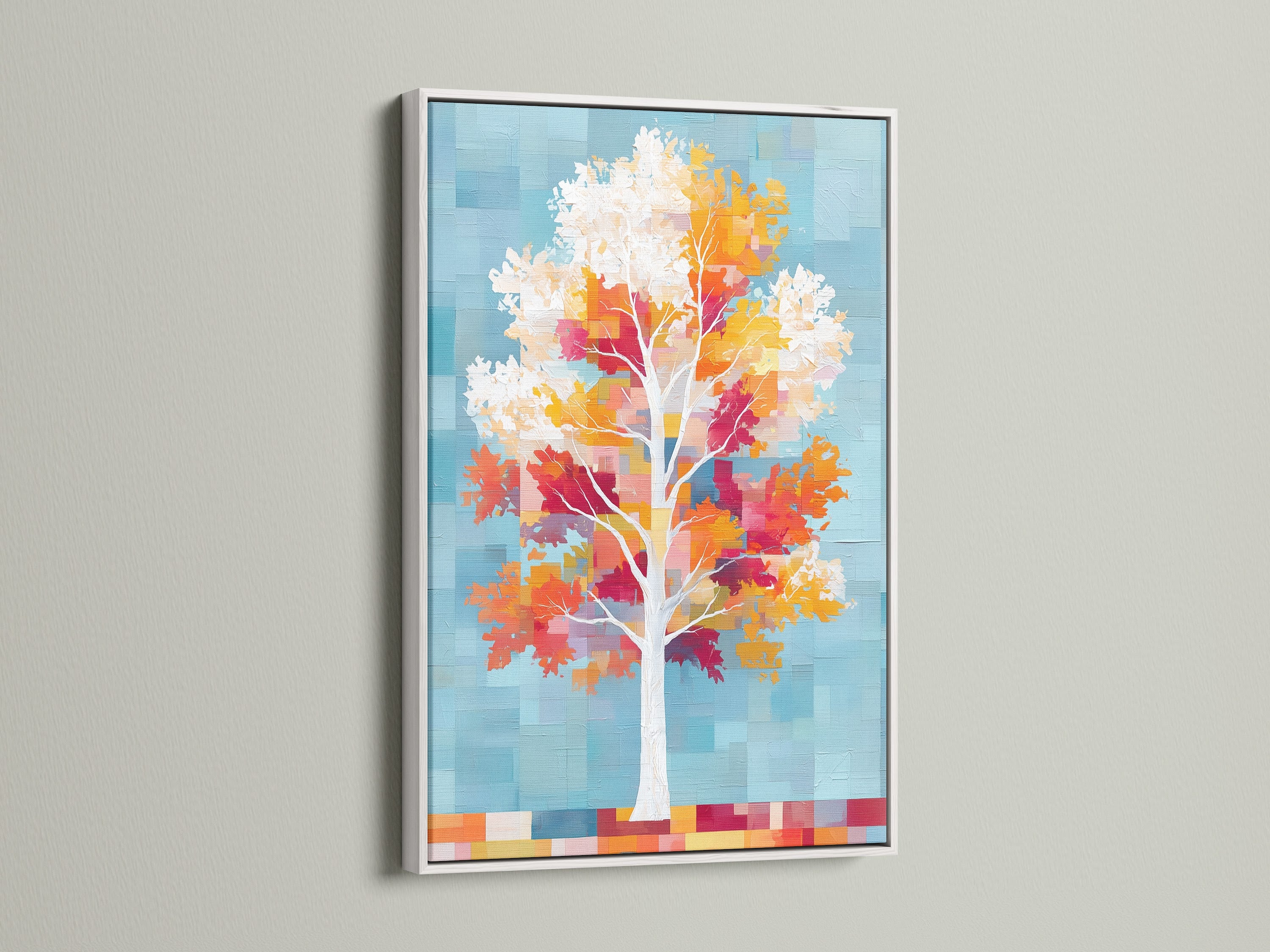 The white frame enhances the colorful tree art. This autumn leaves canvas wall art brings a modern touch. The pixelated nature artwork complements any room. It is perfect for creating a serene bedroom wall decor with this unique pixel art.