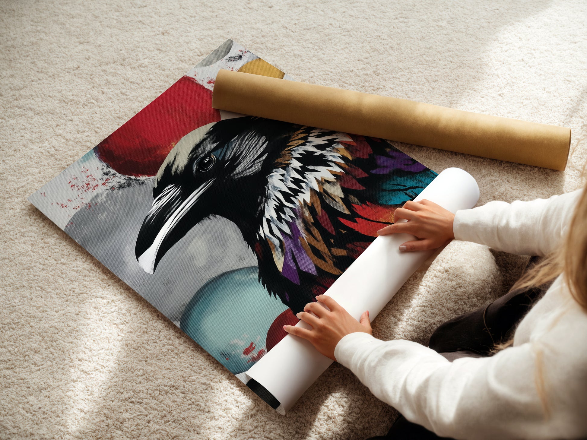 A woman carefully rolls fine art poster paper. This raven art is available as a high-quality print. Ideal for framing or adding to your collection. The colorful bird artwork is perfect for gothic decor.
